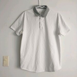 BYLT Drop Cut Short Sleeve Polo Shirt Mens L White Gray Swiss Dots Stretch